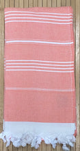 Load image into Gallery viewer, Turkish Terry Beach Towels - Peach thin white stripes