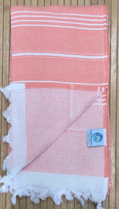 Turkish Terry Beach Towels - Peach thin white stripes