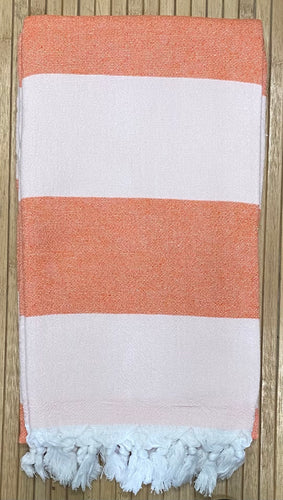 Turkish Towel with Terry Backing - Orange and white stripe