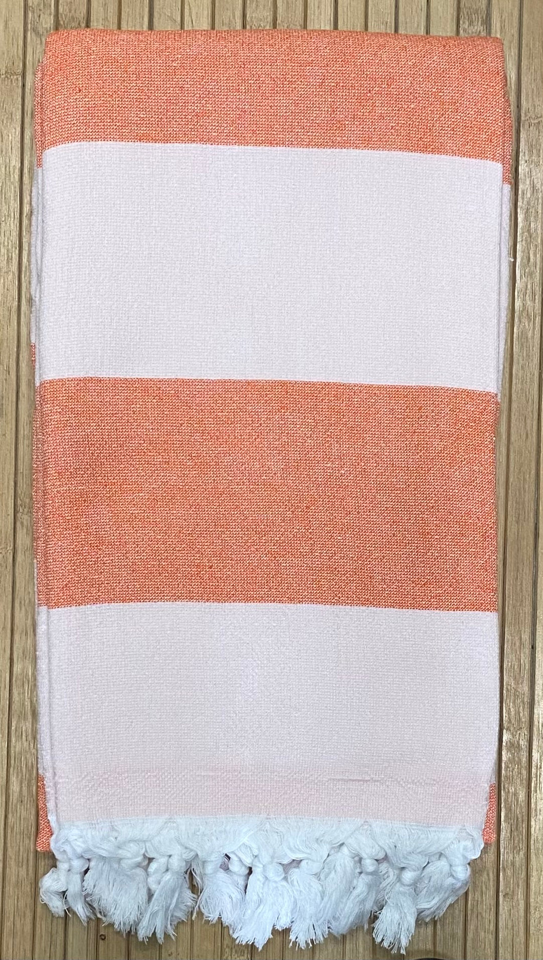 Turkish Towel with Terry Backing - Orange and white stripe