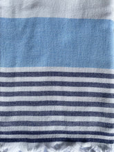 Load image into Gallery viewer, Turkish Towel with Terry Backing - Blue &amp; white stripes with navy thin stripes