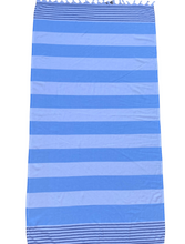 Load image into Gallery viewer, Turkish Towel with Terry Backing - Blue &amp; white stripes with navy thin stripes