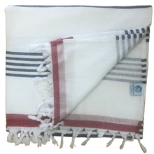 Load image into Gallery viewer, Turkish Terry Beach Towels - White Navy stripe with red